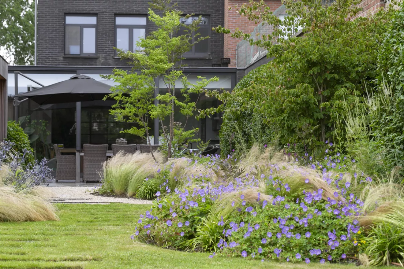 Speelse kusttuin met Dutchborder vol bloemenpracht en tuinberegening te Oostduinkerke (11) -  - Tuinaanleg