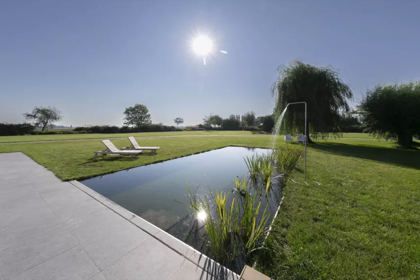 Vijver bij landelijke woning met hoogwaterrand en houten terras (8) -  - Zwemvijver